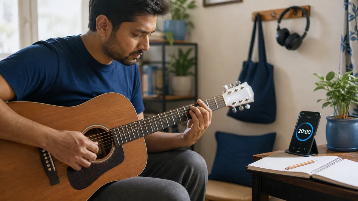 Adult learner following a 20-minute guitar practice routine