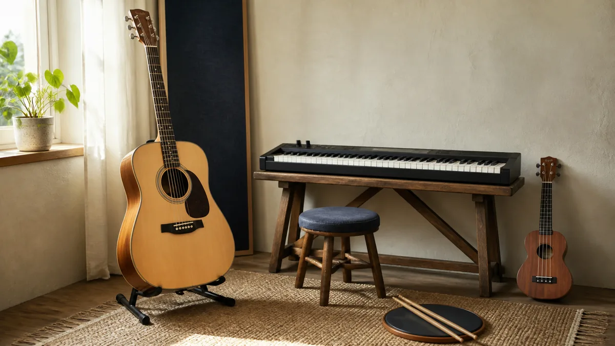 Guitar, keyboard, ukulele and drum pad arranged in a music room