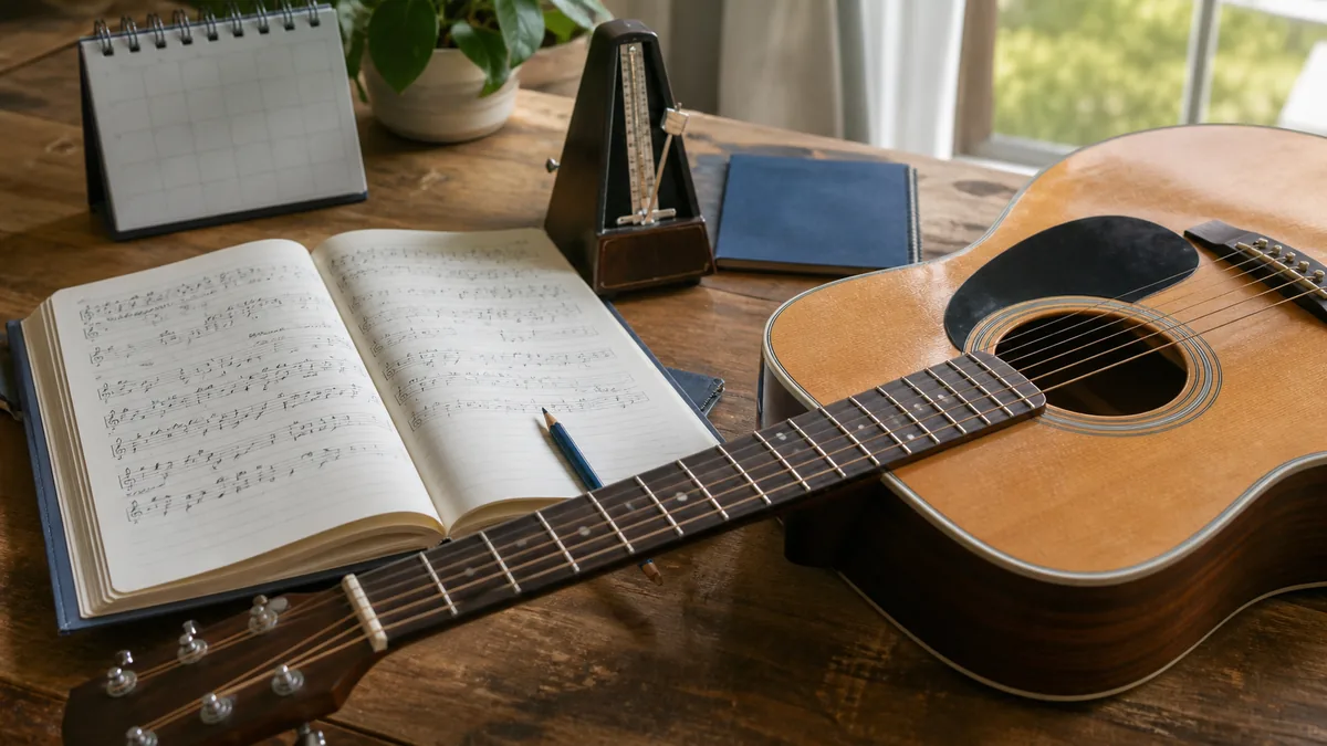 Guitar beside a practice notebook, calendar and metronome