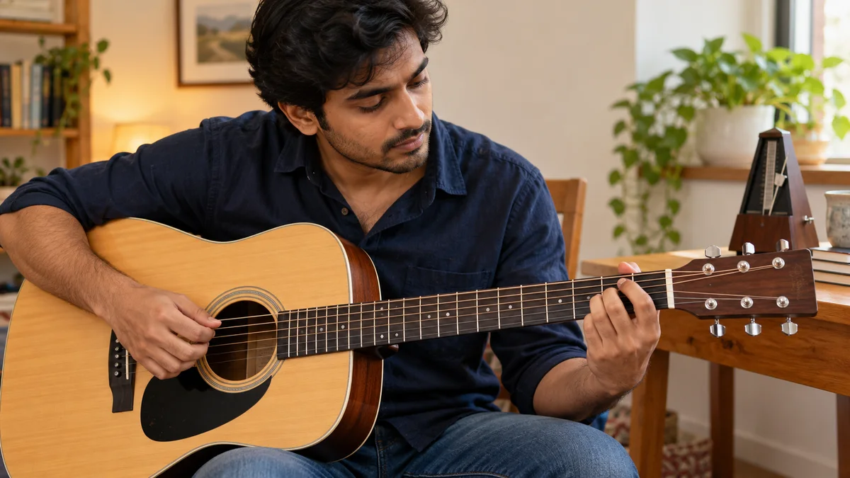 Guitar learner watching his fretting hand while practising acoustic guitar beside a metronome