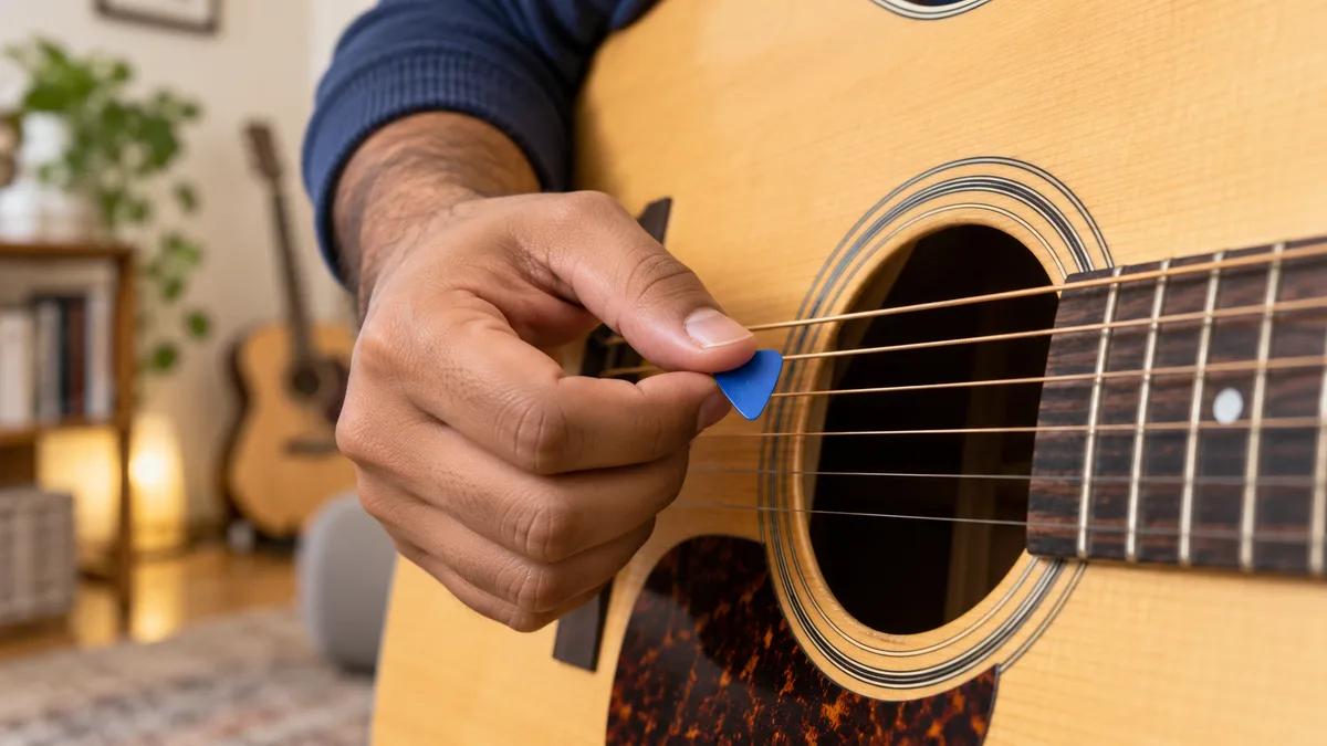 Close-up of a learner holding a blue guitar pick above the strings of a natural wood acoustic guitar