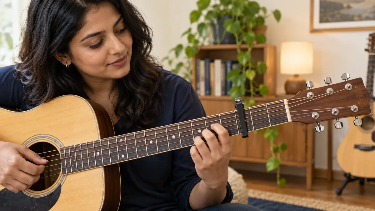 Guitar learner playing an acoustic guitar with a black capo clamped across the neck
