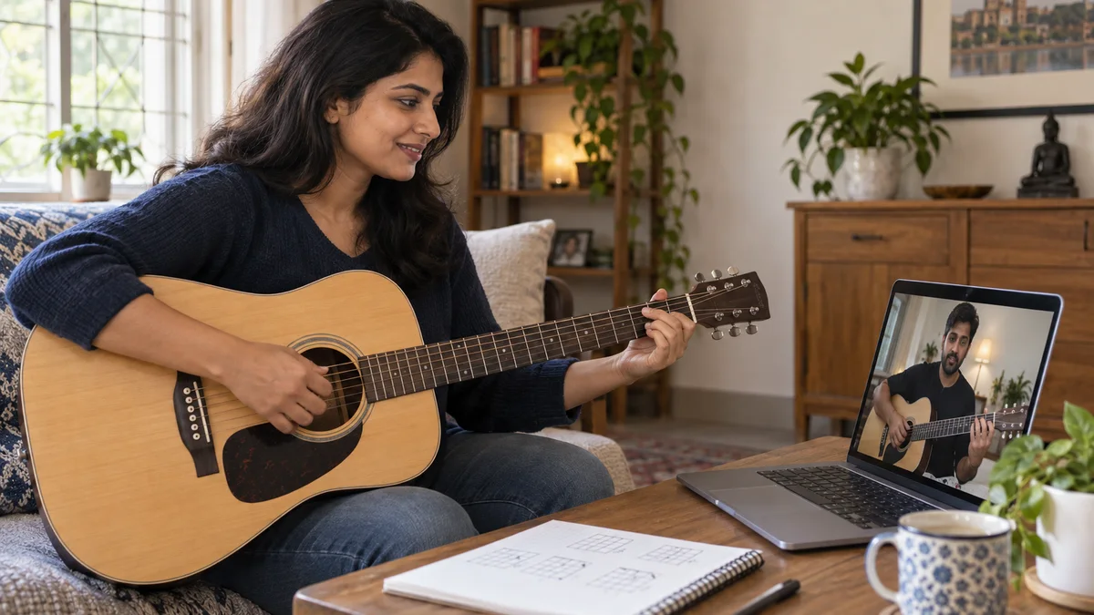 Woman practising acoustic guitar with chord diagrams during an online lesson