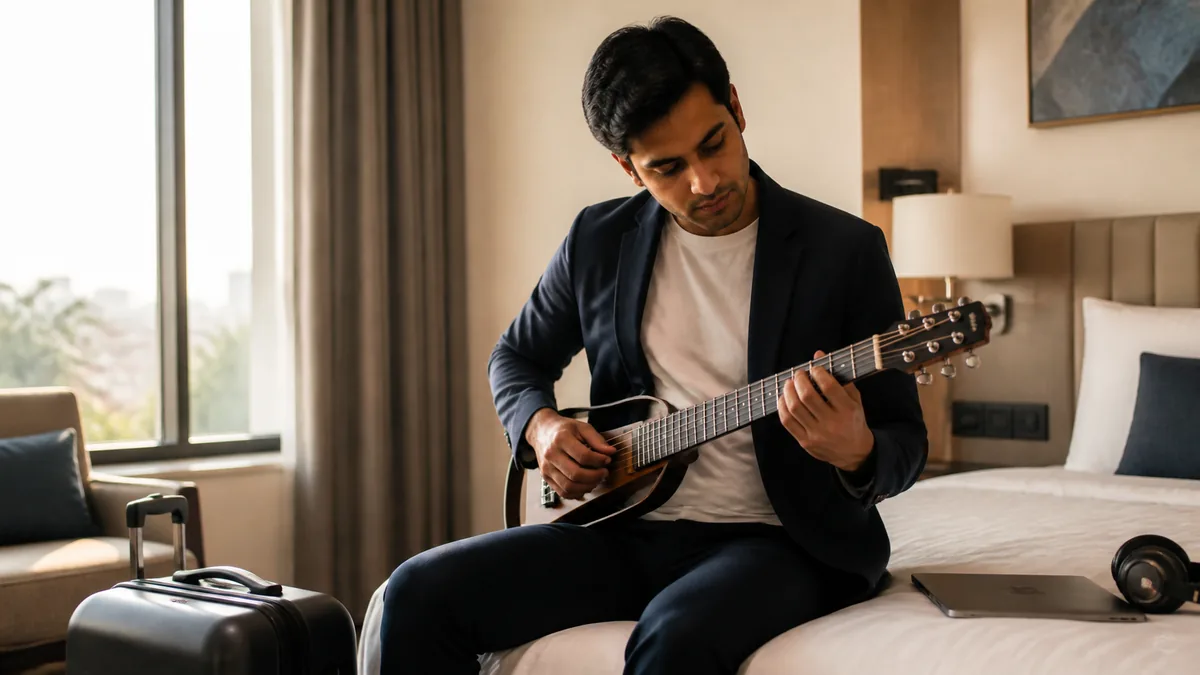 Business traveller practising guitar in a hotel room