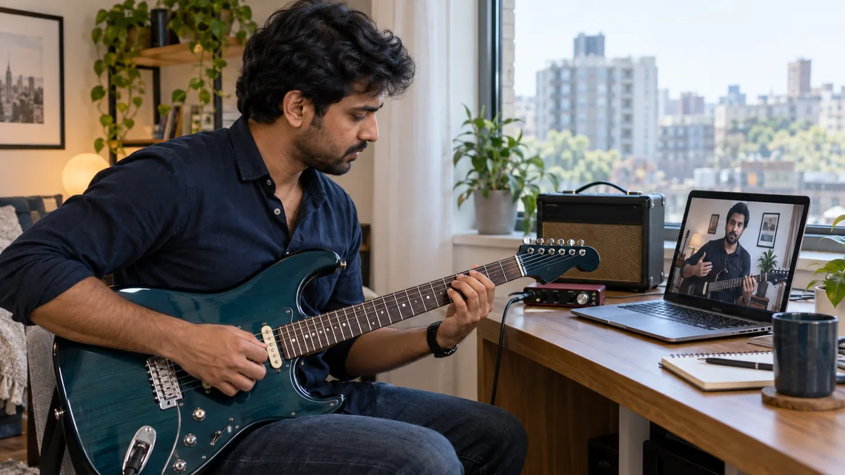 Indian beginner playing electric guitar at home with an online teacher and practice amplifier