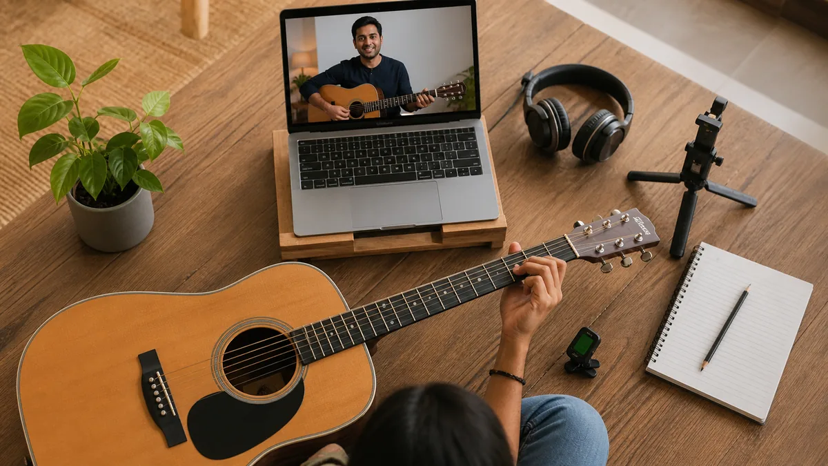 Guitar, laptop, headphones, tuner and notebook for an online lesson