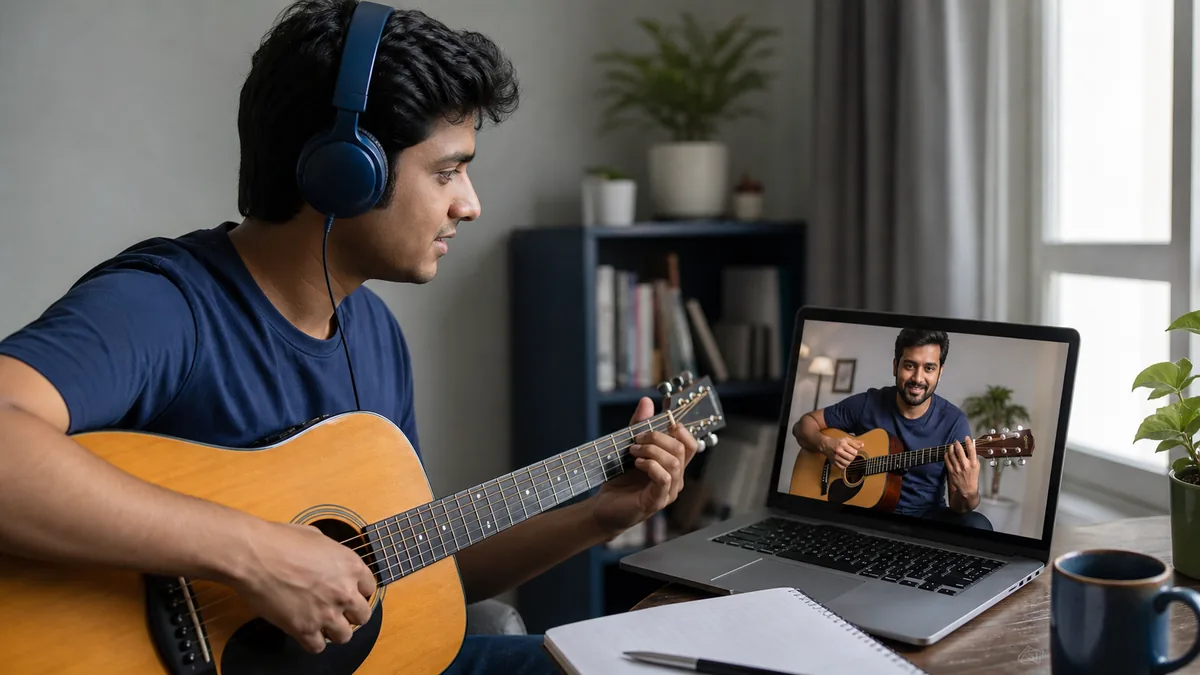 Student taking an online guitar lesson at home in India