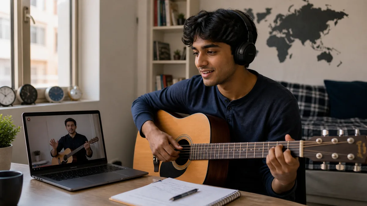 NRI student joining a live online guitar class from home