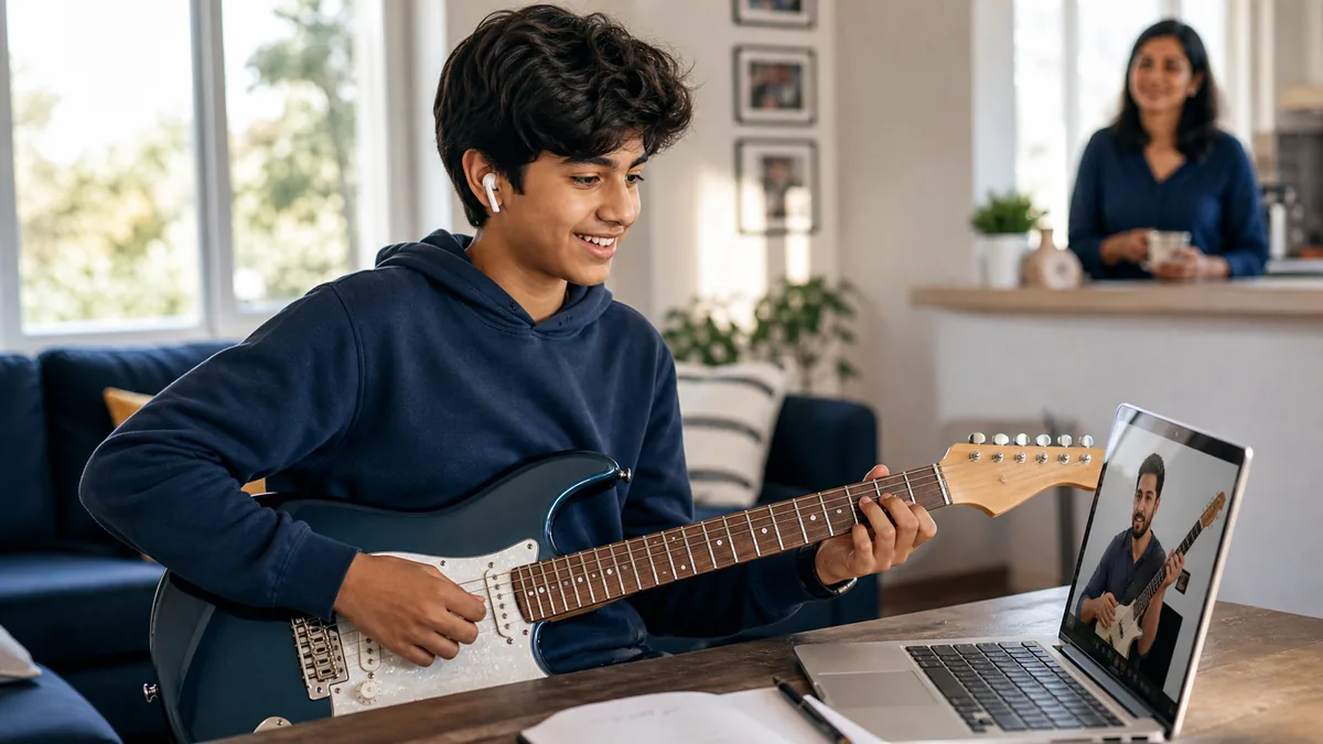 Teenager taking an online electric guitar lesson at home