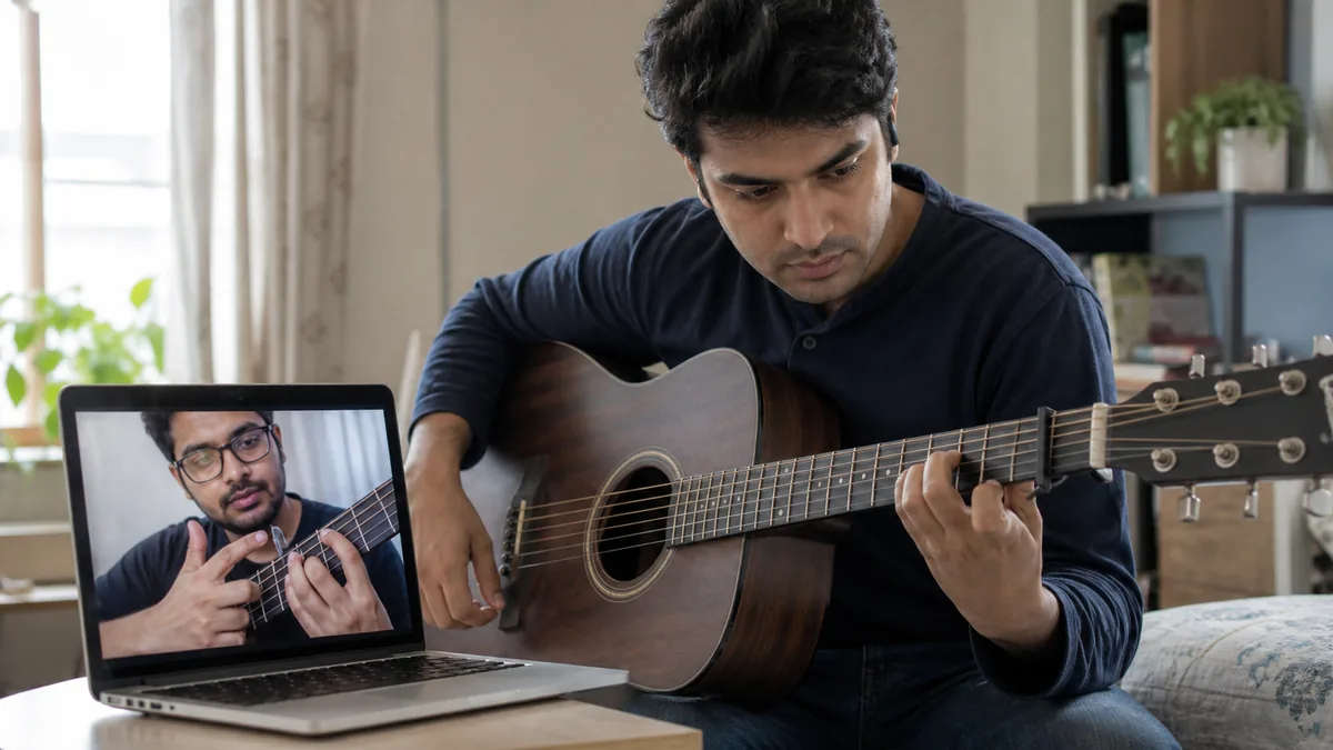 Online guitar teacher helping a student correct fretting technique