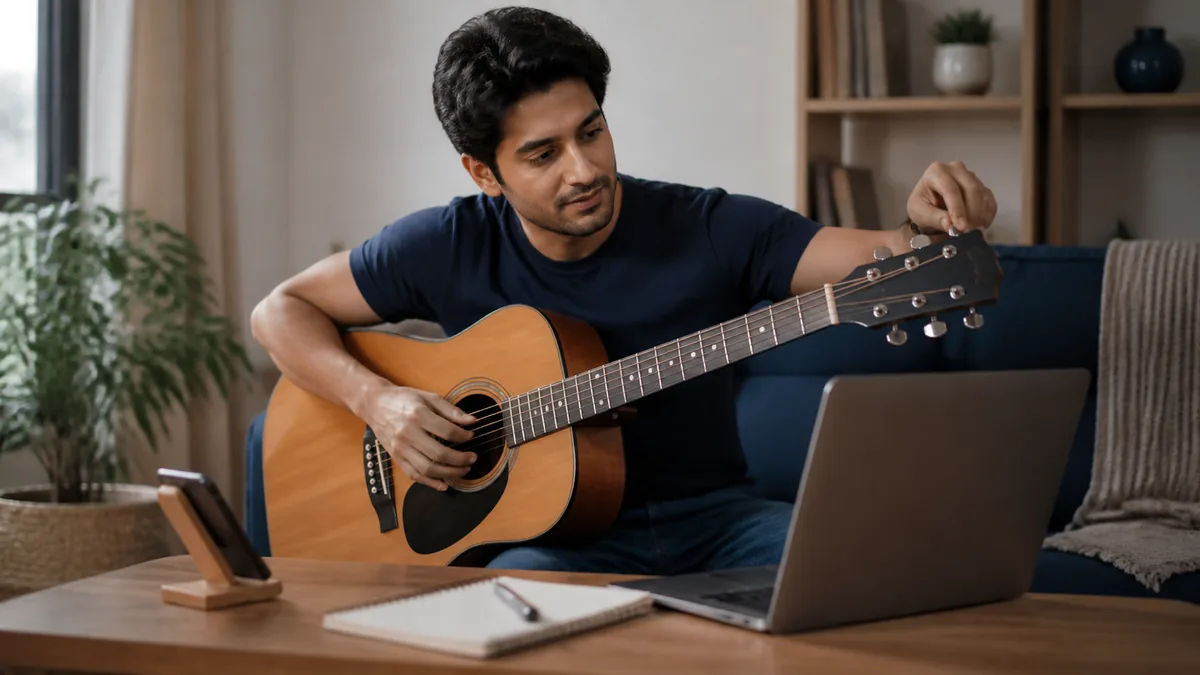 Beginner tuning an acoustic guitar before a first online lesson