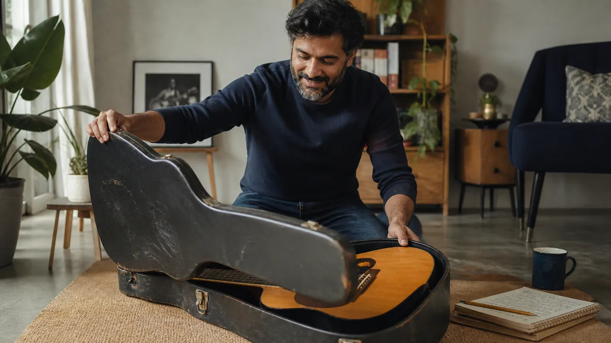 Adult opening a guitar case to begin playing again